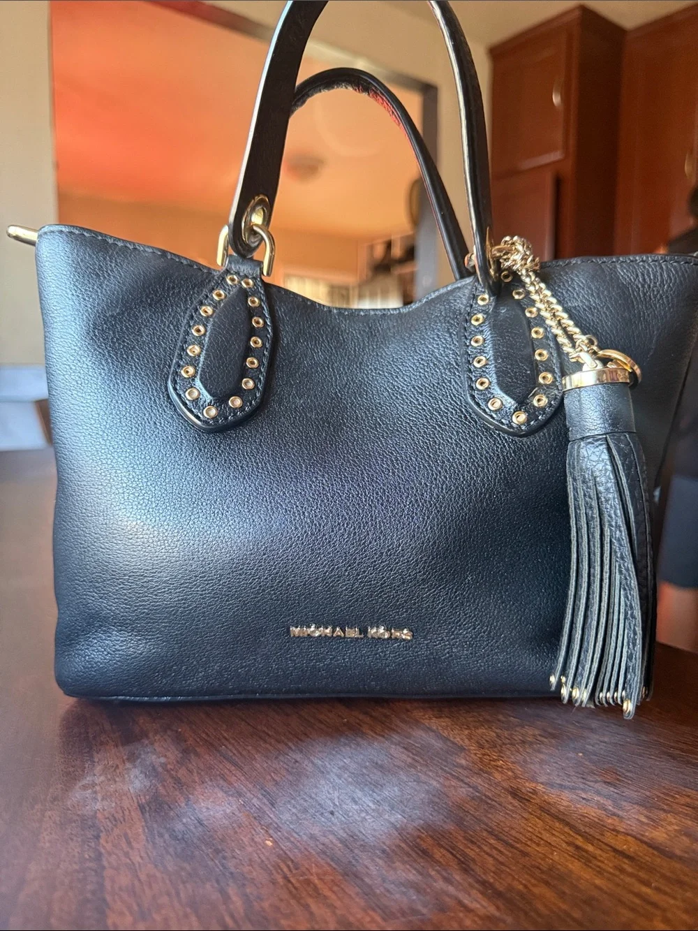 Michael Kors Black Pebbled Leather Tote with Gold Hardware and Tassel